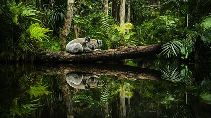 A koala resting on a log surrounded by lush green foliage and reflective water in a serene natural habitat