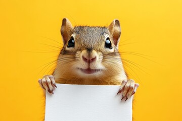 Isolated baby animal on a solid uniform bright orange background. Funny pet promo idea. Cute baby animal chipmunk hold in front paws a template - large white zoo sign. Sign ad with mascot.