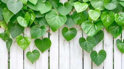 Heart Shaped Green Ivy Leaves Climbing White Wooden Fence