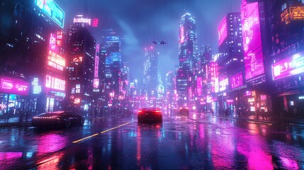Fototapeta premium Ultradetailed cyberpunk cityscape at night, neon lights reflecting on wet streets, futuristic skyscrapers, flying cars, cinematic lighting, 8K, hyperrealistic, concept art