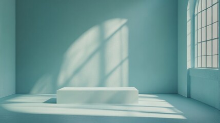 Obraz premium A blank room with a blue pastel color scheme and an empty stand for showcasing products or artwork. The room is suitable for interior design and is rendered in 3D.
