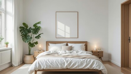 Nordic Comfort Minimalist Bedroom with Potted Monstera Candle A Light, Airy, and Functionally Beautiful Space