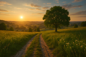 Feldweg mit einsamem Baum in malerischer H&uuml;gellandschaft bei goldenem Sonnenuntergang im Sommer
