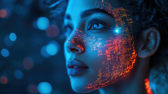 AI Digital Interface. Close-up of a woman with a digital interface projected on her face, symbolizing artificial intelligence and technological advancement. - Powered by Adobe