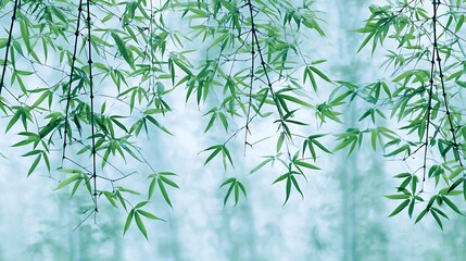 Fototapeta premium Lush Green Bamboo Leaves in Misty Forest, Soft Light, Nature Background