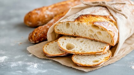 Naklejka premium Sliced sourdough bread on a linen napkin, homemade bakery, crunchy crust and soft texture, light background, copy space
