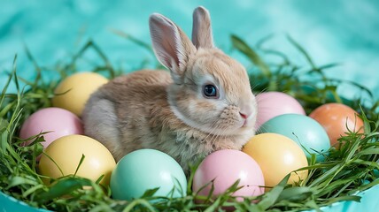 Adorable Baby Bunny Sitting Among Pastel-Colored Easter Eggs on a Vibrant Turquoise Background Perfect for Easter-Themed Designs Spring Celebrations Holiday Marketing and Cute Animal Stock Photography