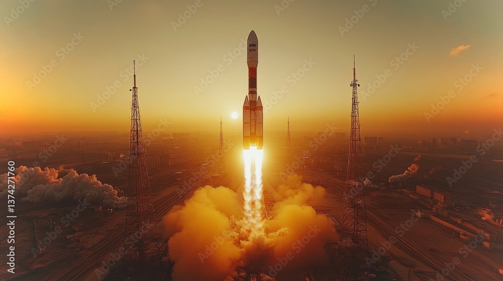 Poster a rocket is launching into the sky at dawn, emanating flames and smoke from its boosters while ascen