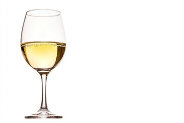 A wine glass is filled with a pale yellow liquid.  , isolated on white background