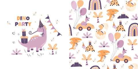 Modern print and seamless pattern with cute hand-drawn dinosaurs for a dino party, children's party, birthday party. Vector design.