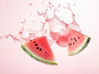Captivating capture showcasing the explosive freshness of watermelon. Two triangular slices are juxtaposed against a vibrant water splash.