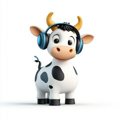 Cute cartoon cow with headphones listening to music joyfully