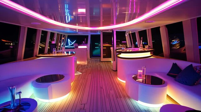 A modern yacht party setup with colorful lights and stylish seating. digital