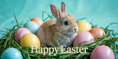 Adorable Baby Bunny Sitting Among Pastel-Colored Easter Eggs on a Vibrant Turquoise Background Perfect for Easter-Themed Designs Spring Celebrations Holiday Marketing and Cute Animal Stock Photography