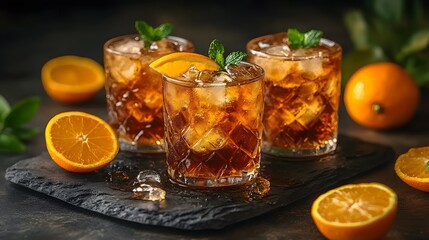 A refreshing cold brew coffee served in a glass with ice and citrus