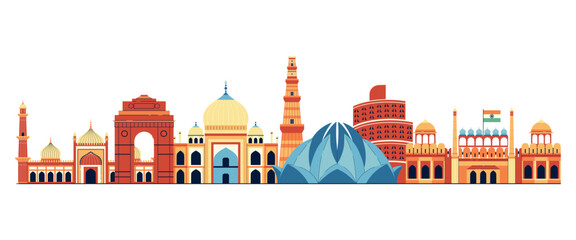 India Travel Flat Banner with City Skyline