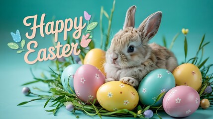 Adorable Baby Bunny Sitting Among Pastel-Colored Easter Eggs on a Vibrant Turquoise Background Perfect for Easter-Themed Designs Spring Celebrations Holiday Marketing and Cute Animal Stock Photography