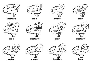 Set of illustrations in the concept of brain and things in line art style