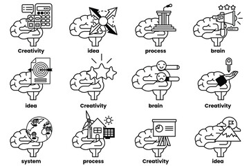Set of illustrations in the concept of brain and things in line art style