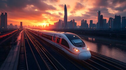 A high-speed train passing through a futuristic smart city at sunset