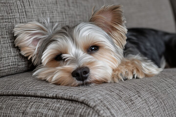 A small dog is laying on a couch