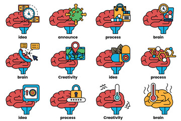 Set of illustrations in the concept of brain and things in line art style