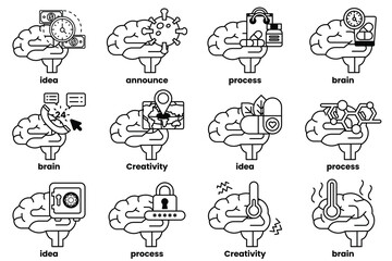 Set of illustrations in the concept of brain and things in line art style