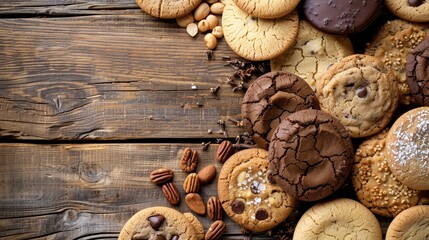 Fototapeta premium A scrumptious selection of assorted cookies and delightful treats beautifully arranged on a rustic wooden table