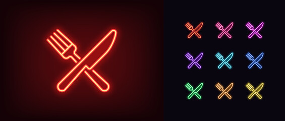 Outline neon knife and fork icon set. Glowing neon cross with knife and fork, kitchen icon. Food cooking, restaurant, chef kitchen, ready food menu, meal and snack time, cutlery. Vector icons set