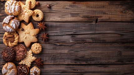 A scrumptious selection of assorted cookies and delightful treats beautifully arranged on a rustic wooden table
