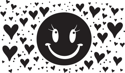Smiley face vector surrounded by hearts for romantic and playful design themes.