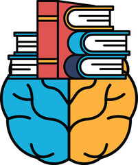 A brain with two heads and a stack of books on top of it