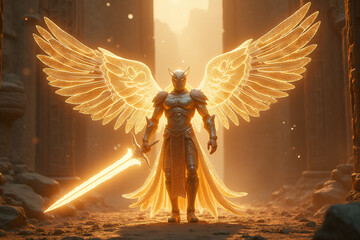 Valiant warrior angel in radiant gold armor standing majestically amidst ancient ruins