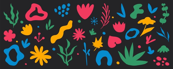 Set of colorful abstract floral doodles in cut-out style