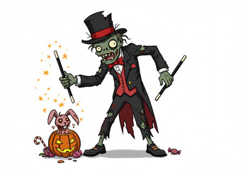 Zombie Magician with Pumpkin and Bunny in Pixel Art Style