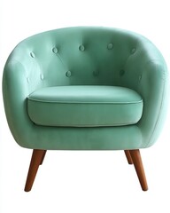 Elegant mint green velvet armchair with button tufting and wooden legs against a white background studio shot for interior design