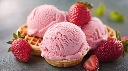 Delightful strawberry ice cream scoops on waffle cones with fresh strawberries on a textured surface summer treat dessert food photography