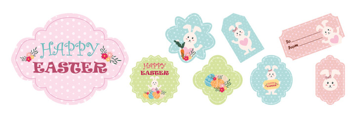Easter Gift Tags with Cute Bunny and Egg Illustrations Collection Flat