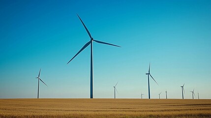 Digital landscape of wind turbines under blue sky,renewable energy with modern technology.