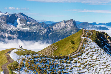 Beautiful mountain views from the peak of Stoos ridge, hiking in Switzerland.