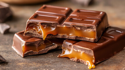 Creamy Chocolate Bar with Caramel Filling on Rustic Background