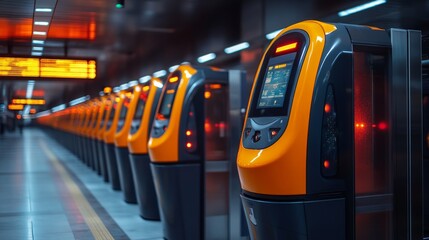 Advanced ticketing kiosks stand ready at a busy transit station, facilitating automated entry as commuters navigate the transport infrastructure. Bright displays indicate service information.