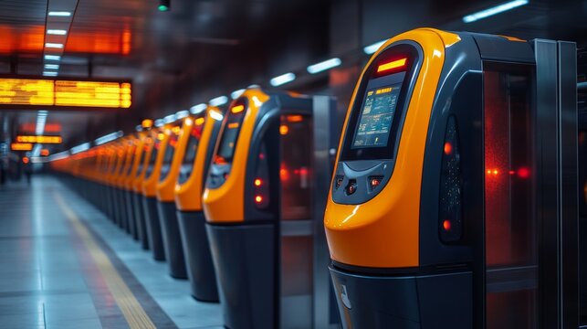 Advanced ticketing kiosks stand ready at a busy transit station, facilitating automated entry as commuters navigate the transport infrastructure. Bright displays indicate service information.