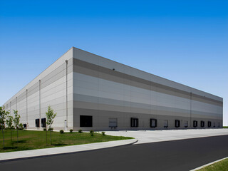 Obraz premium Large industrial warehouse building exterior under clear blue sky