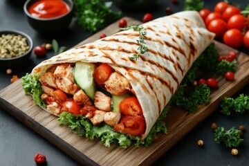 Delicious Chicken Wrap with Fresh Vegetables on Wooden Board Capturing Culinary Delight and Healthy Eating in a Restaurant Setting