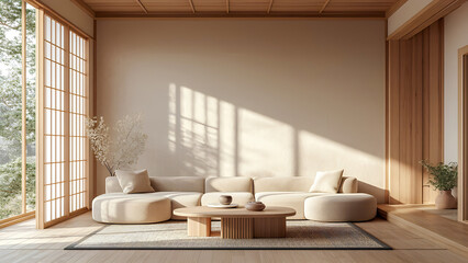Minimalist living room with beige sofa and wooden coffee table in sunlit interior