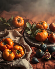 Harvest bounties grace a rustic table with vibrant pumpkins and figs in warm autumn tones during a cozy afternoon