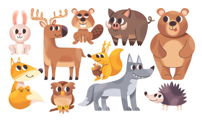 Fototapeta premium Cute woodland animals hand drawn childish wild characters doodle set isolated on white background