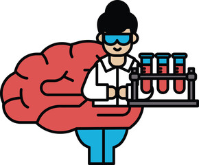 A woman in a lab coat holding a brain and a bunch of test tubes