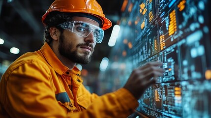 A worker in an orange uniform and hard hat focuses on a digital display showing inventory data in a bustling warehouse environment. The setting reflects advanced logistics processes.
